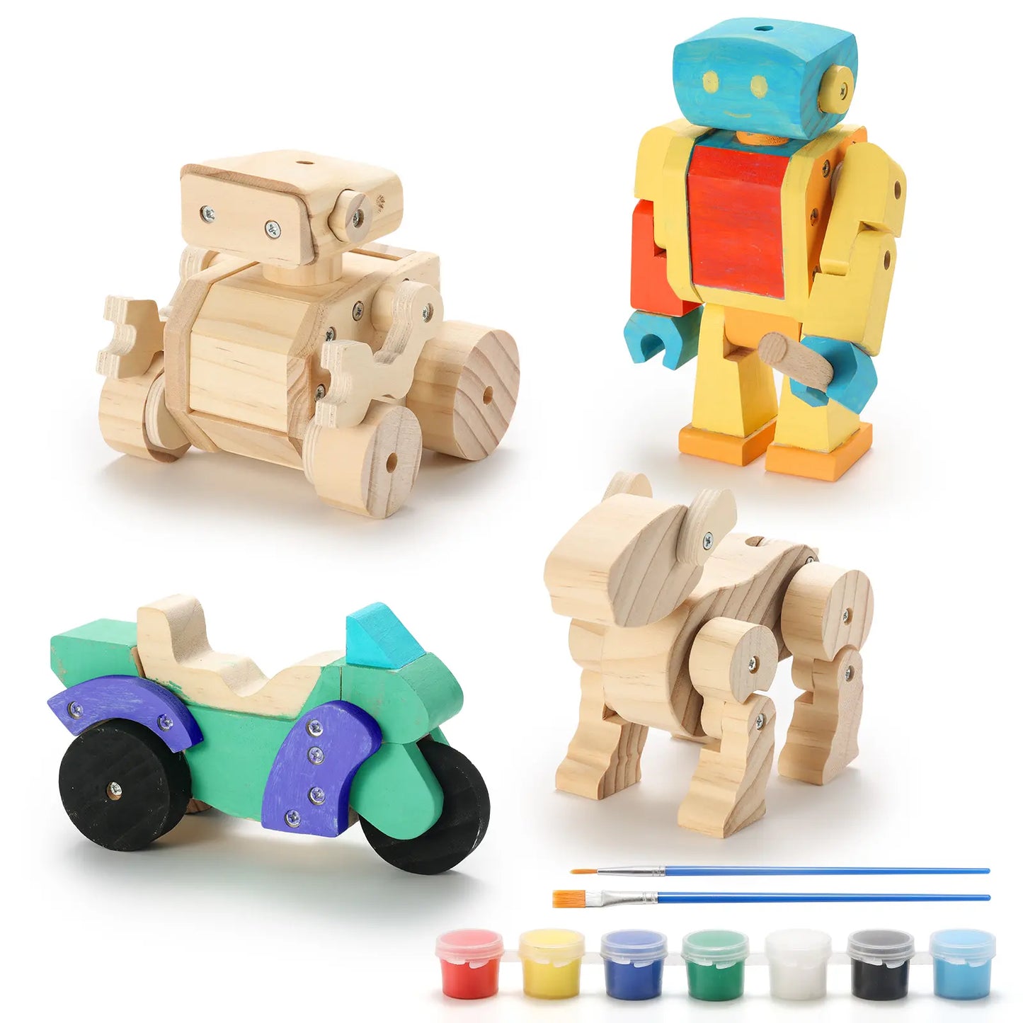 Set of wooden toys including a robot, motorcycle, and animal figure with paint cans and brushes on a white background.