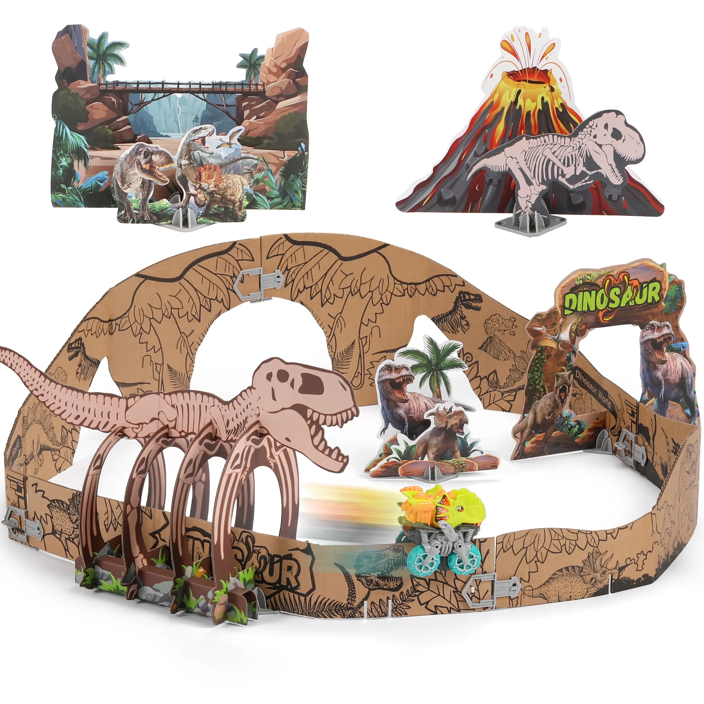 Dinosaur Toys Cardboard Track Set with Clip-on Car