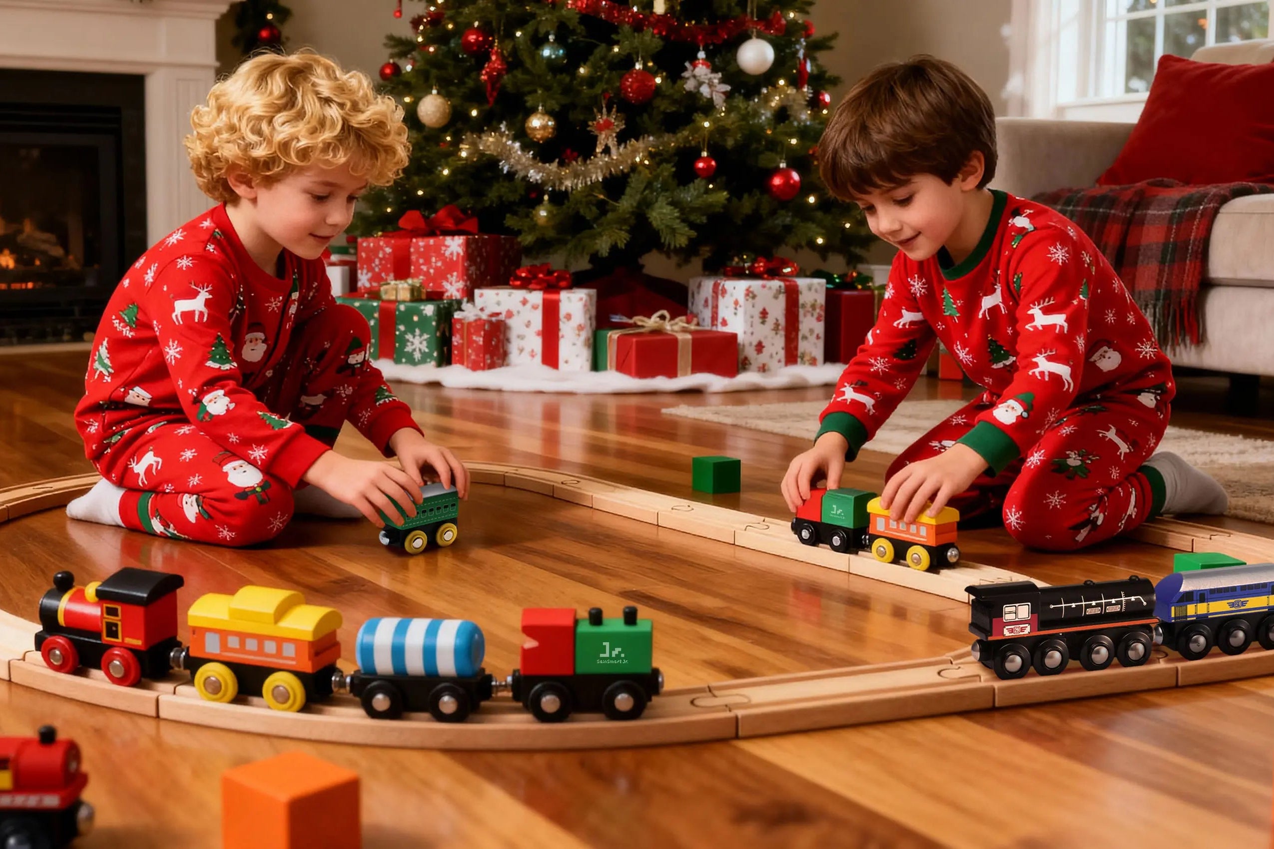 Two children in red pajamas playing with a toy train set in a festive living room.