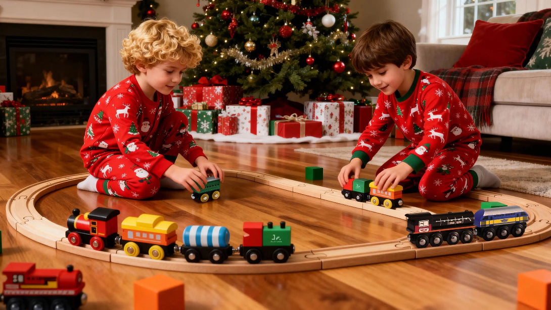 Two children in red pajamas playing with a toy train set in a festive living room.