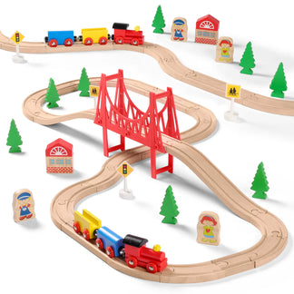 Wooden toy train set with tracks, trains, and accessories on a white background