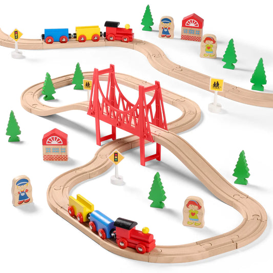 Wooden Train Set with Suspension Bridge