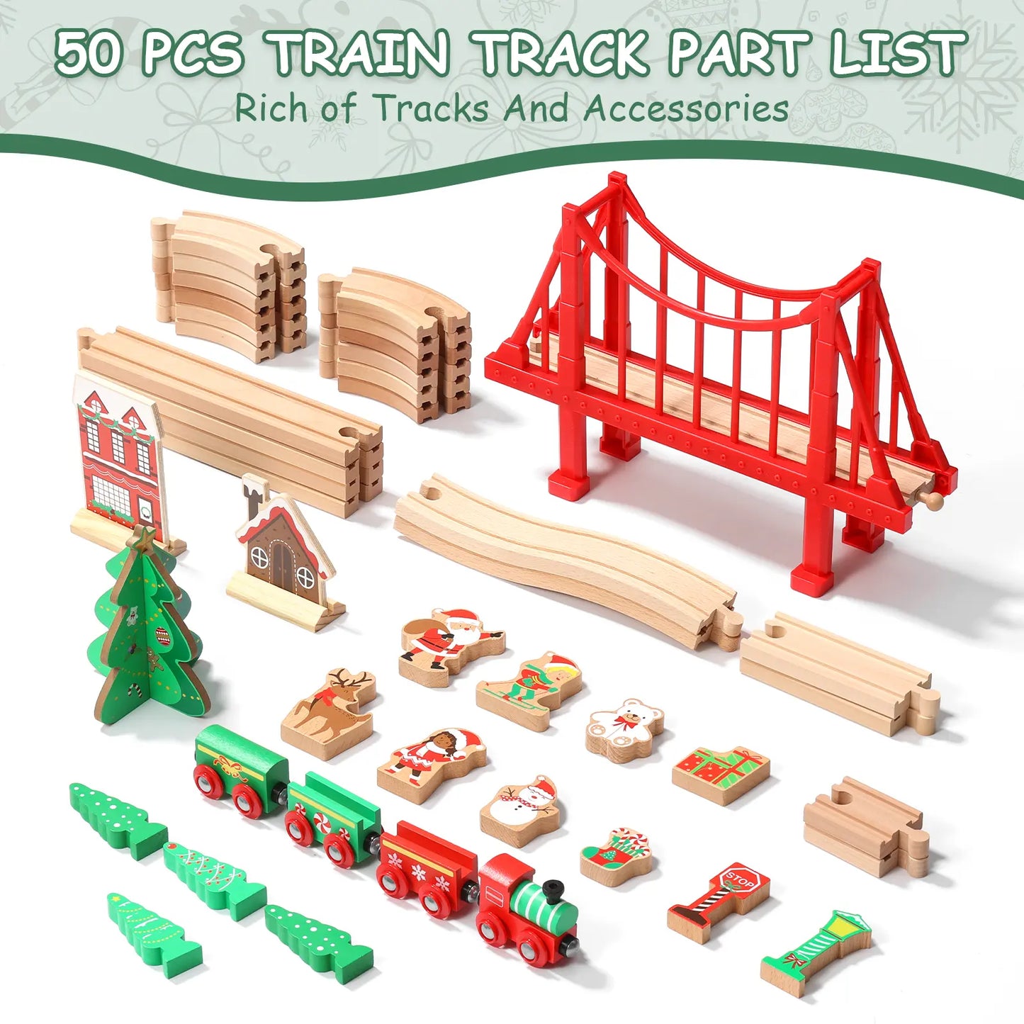 Collection of wooden train tracks and accessories including a red bridge, Christmas-themed cars, and trees on a white background.