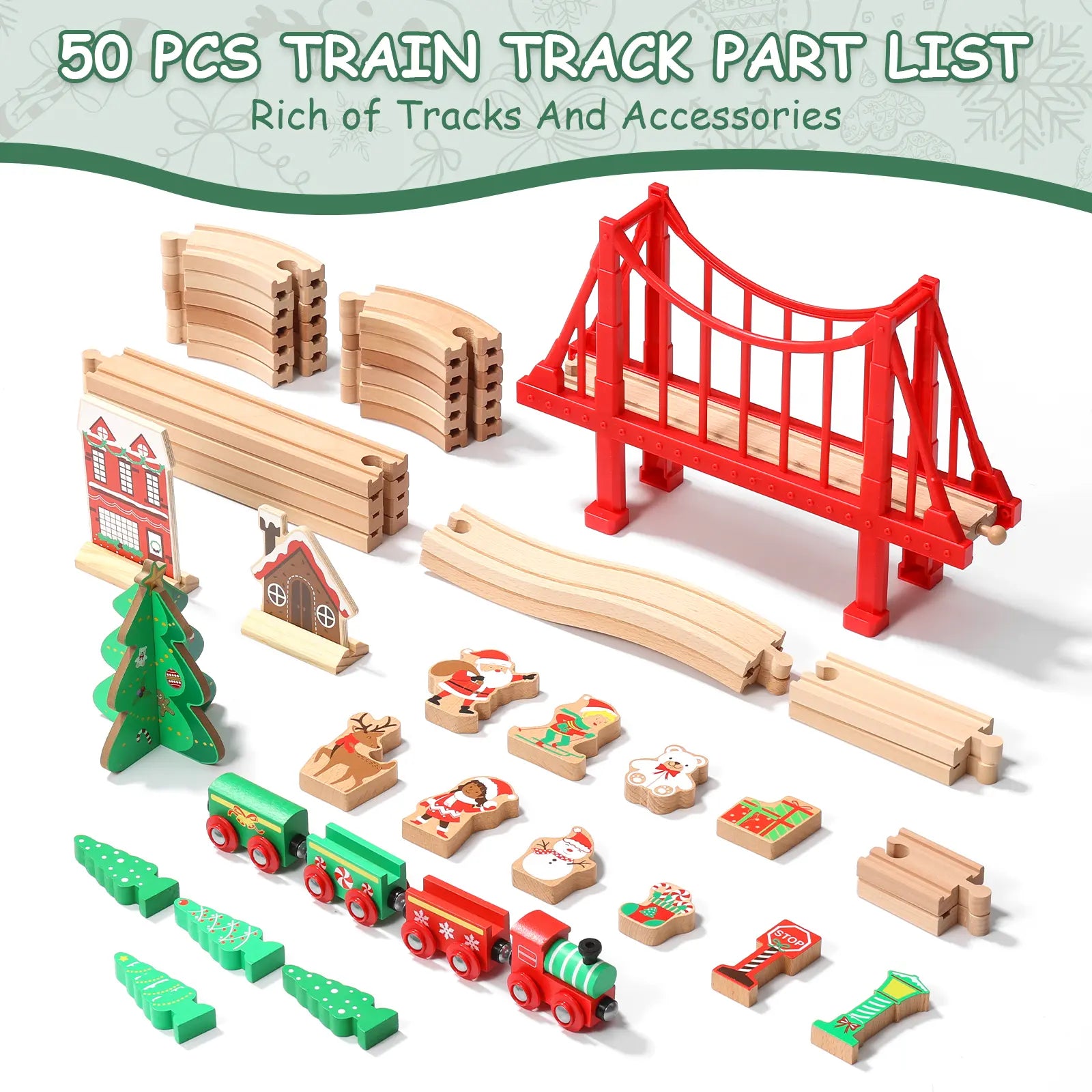 Collection of wooden train tracks and accessories including a red bridge, Christmas-themed cars, and trees on a white background.