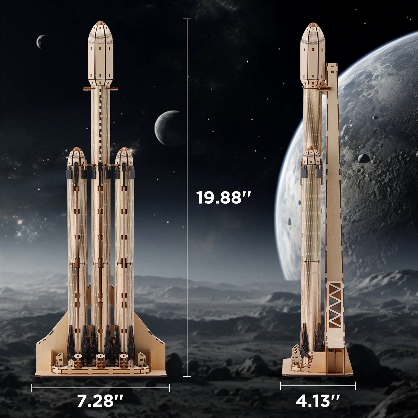 Wooden model of a rocket with measurements