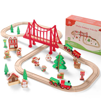 Wooden Christmas train set with red bridge, tracks, and festive figures on a white background.