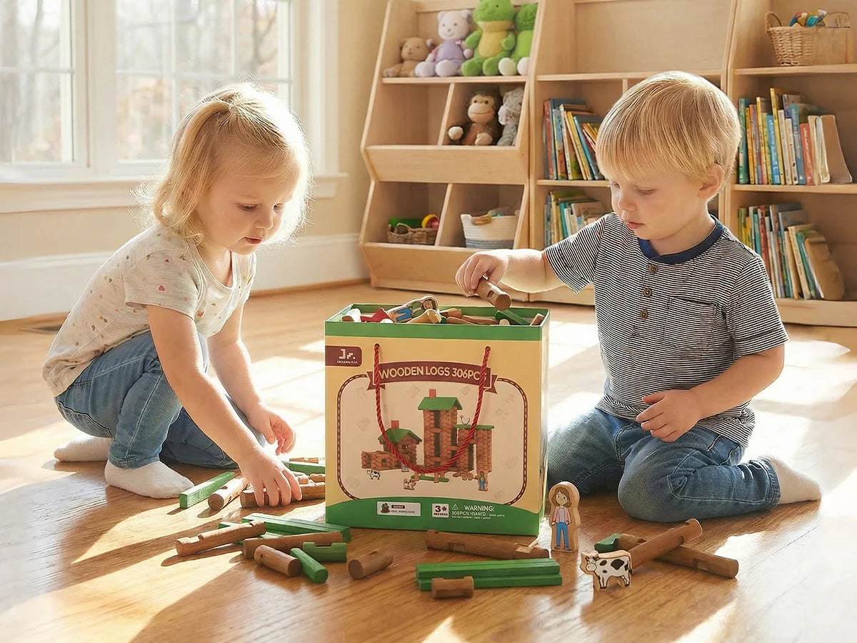 Two children playing with wooden log toys