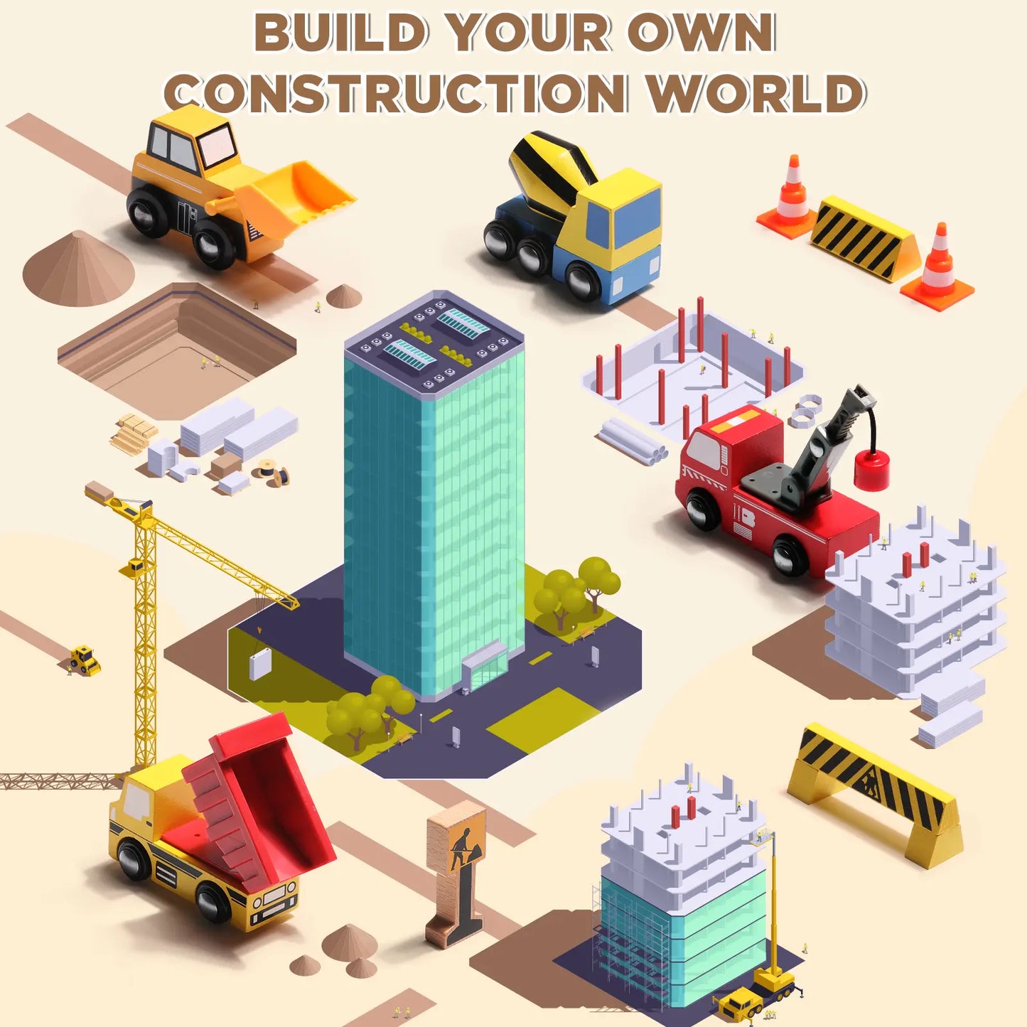 Illustration of a construction-themed game with vehicles and buildings on a beige background.