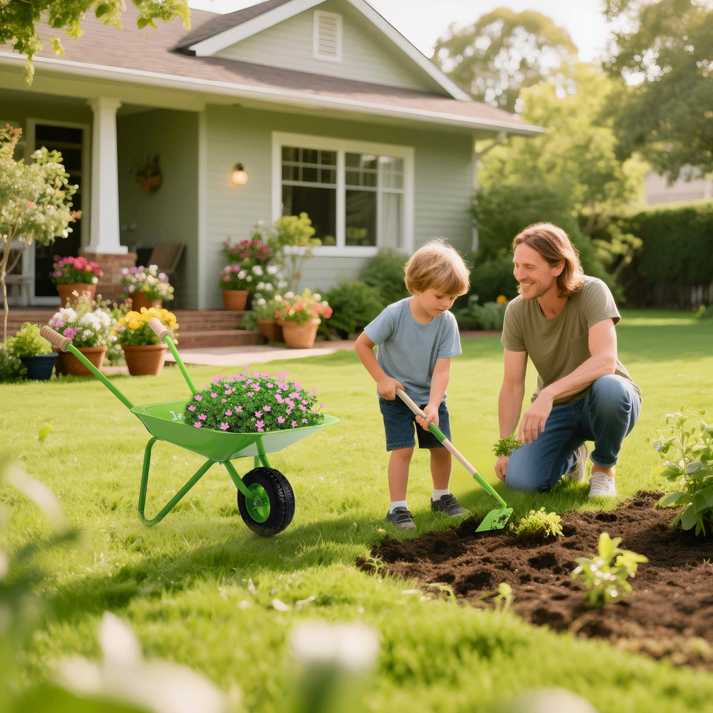 Father and child gardening together in a backyard with a house and flowers in the background.