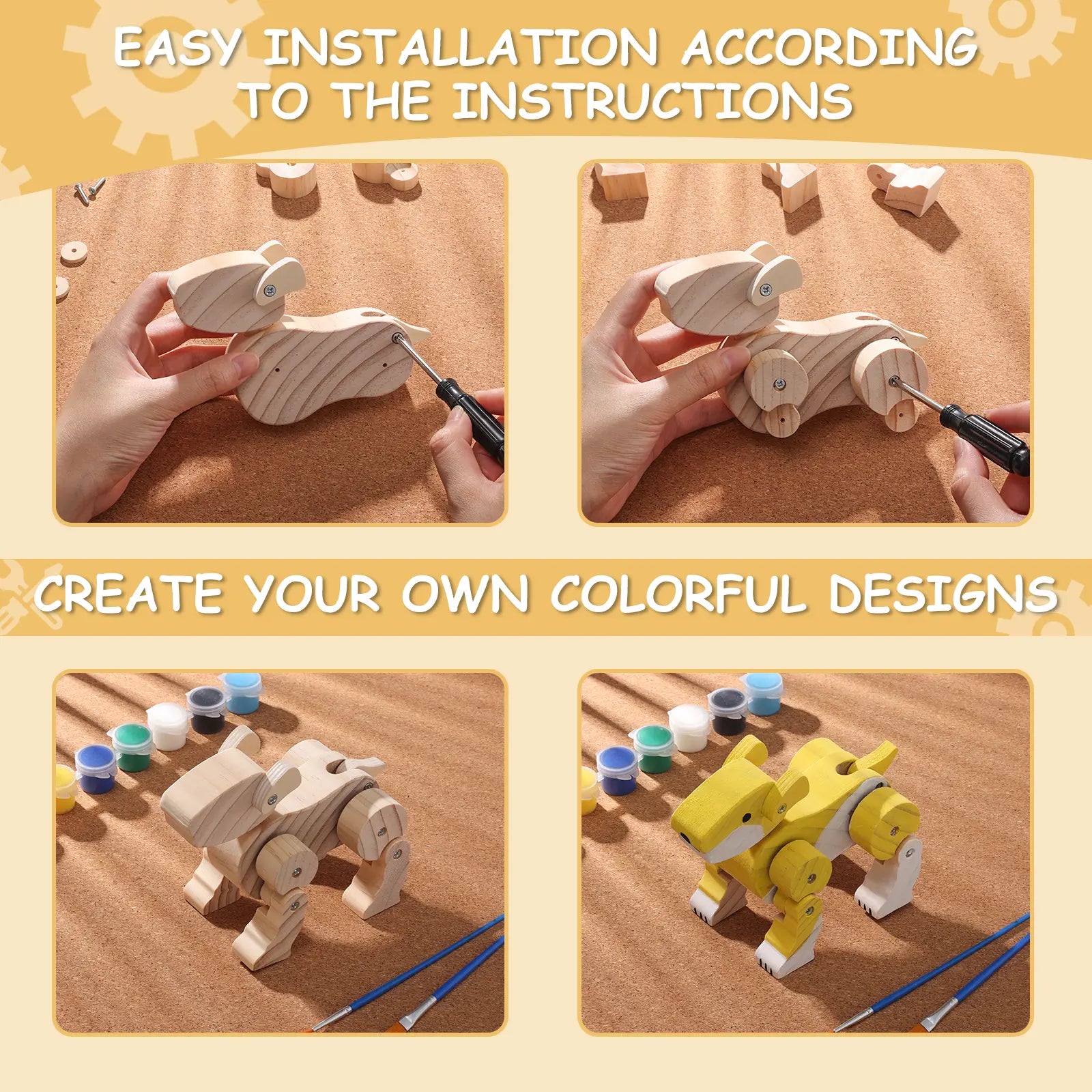 Step-by-step guide to assembling a wooden robot toy with tools and paint supplies.