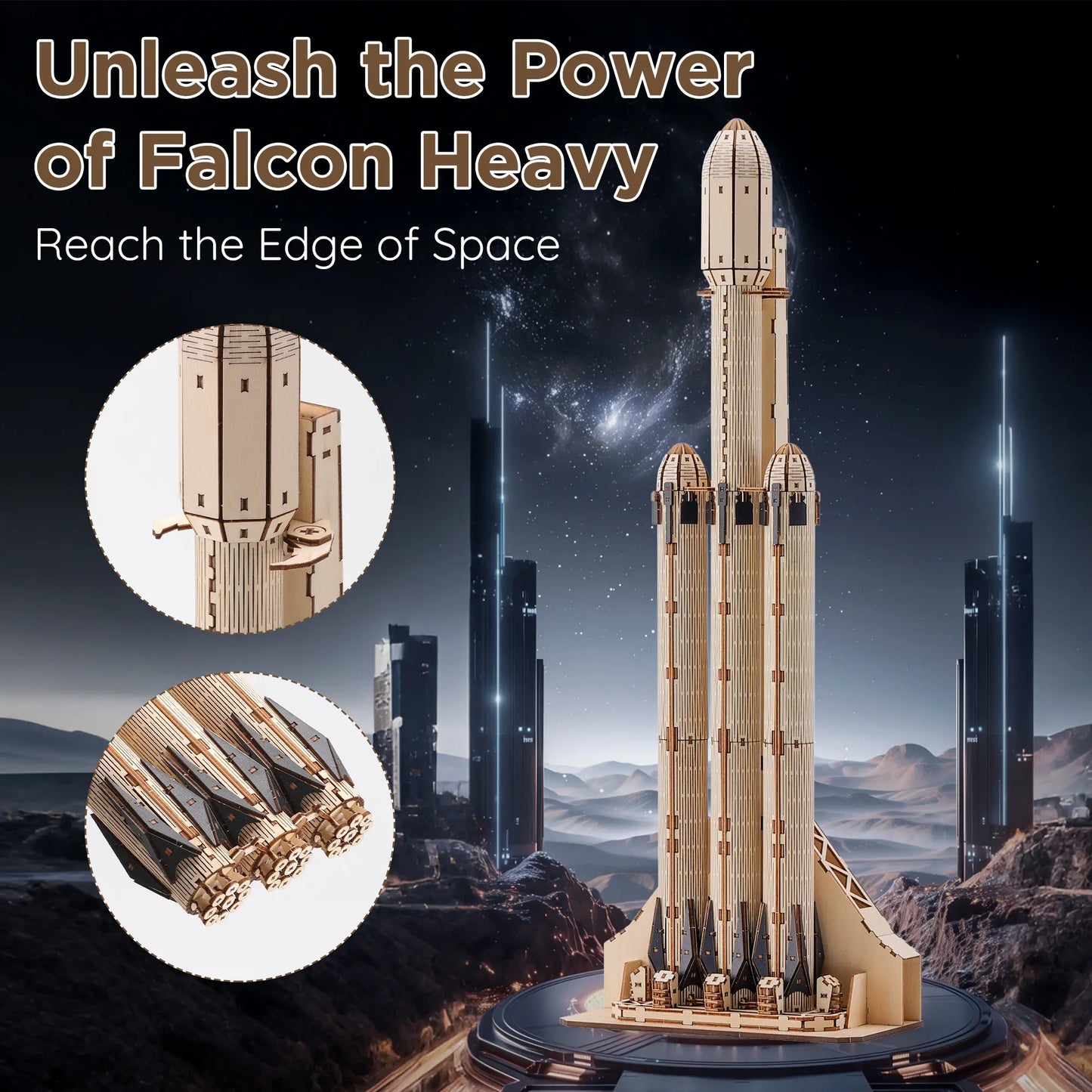 Model of a rocket with 'Unleash the Power of Falcon Heavy'