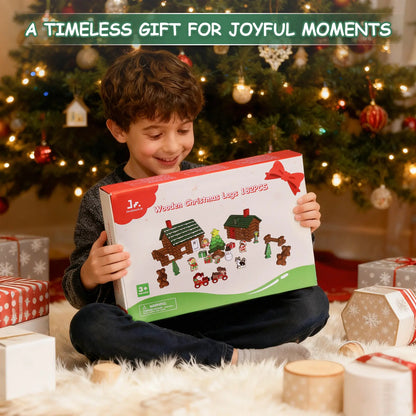 Child holding a wooden Christmas set packaging in front of a decorated Christmas tree.