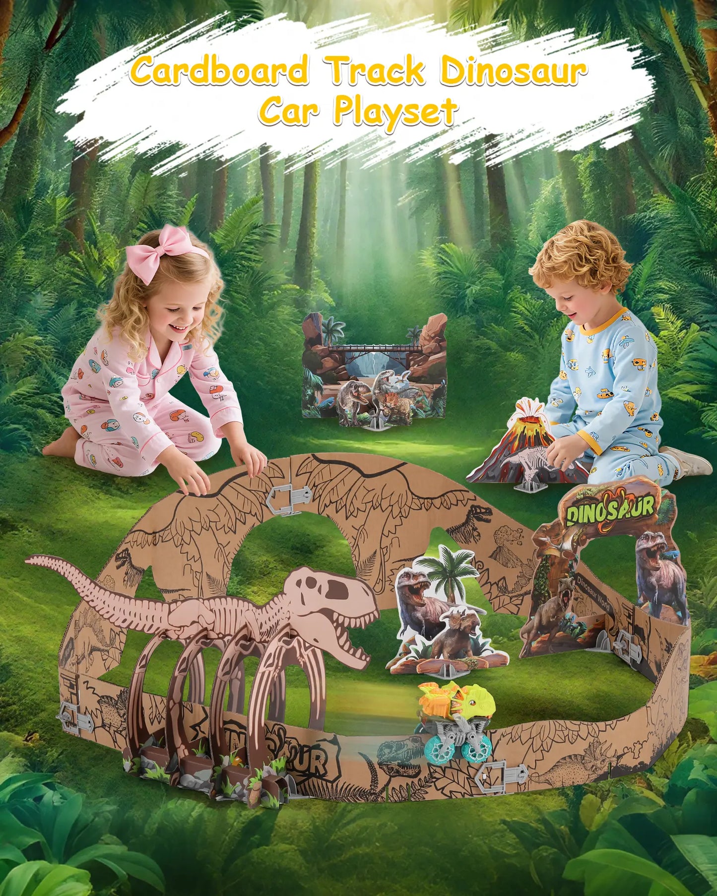Dinosaur Toys Cardboard Track Set with Clip-on Car