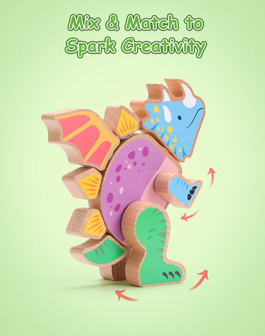 Colorful wooden dinosaur block with mix and match pieces on a light green background