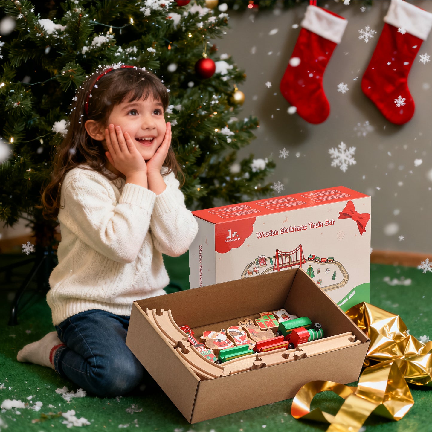 Child with a wooden Christmas train set in front of a decorated tree and stockings.