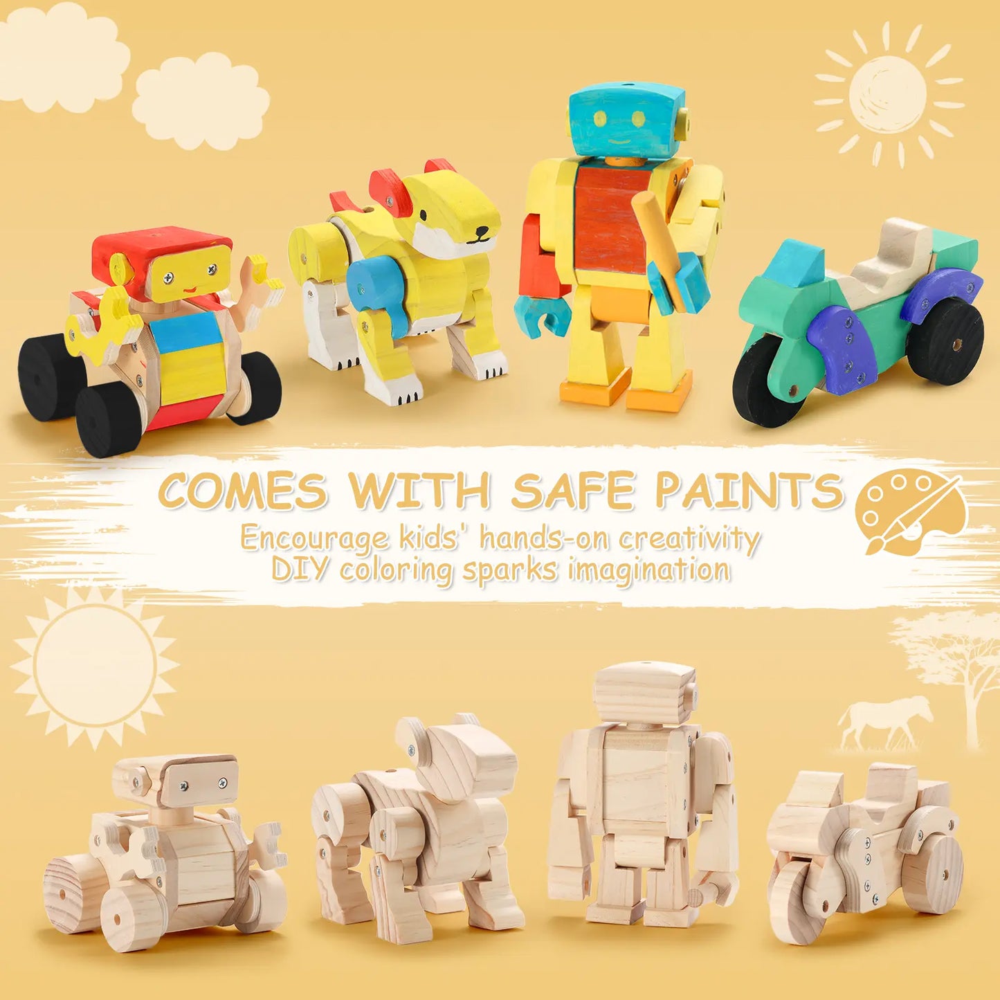 Set of colorful wooden toy figures on a yellow background with text about safe paints and creativity.