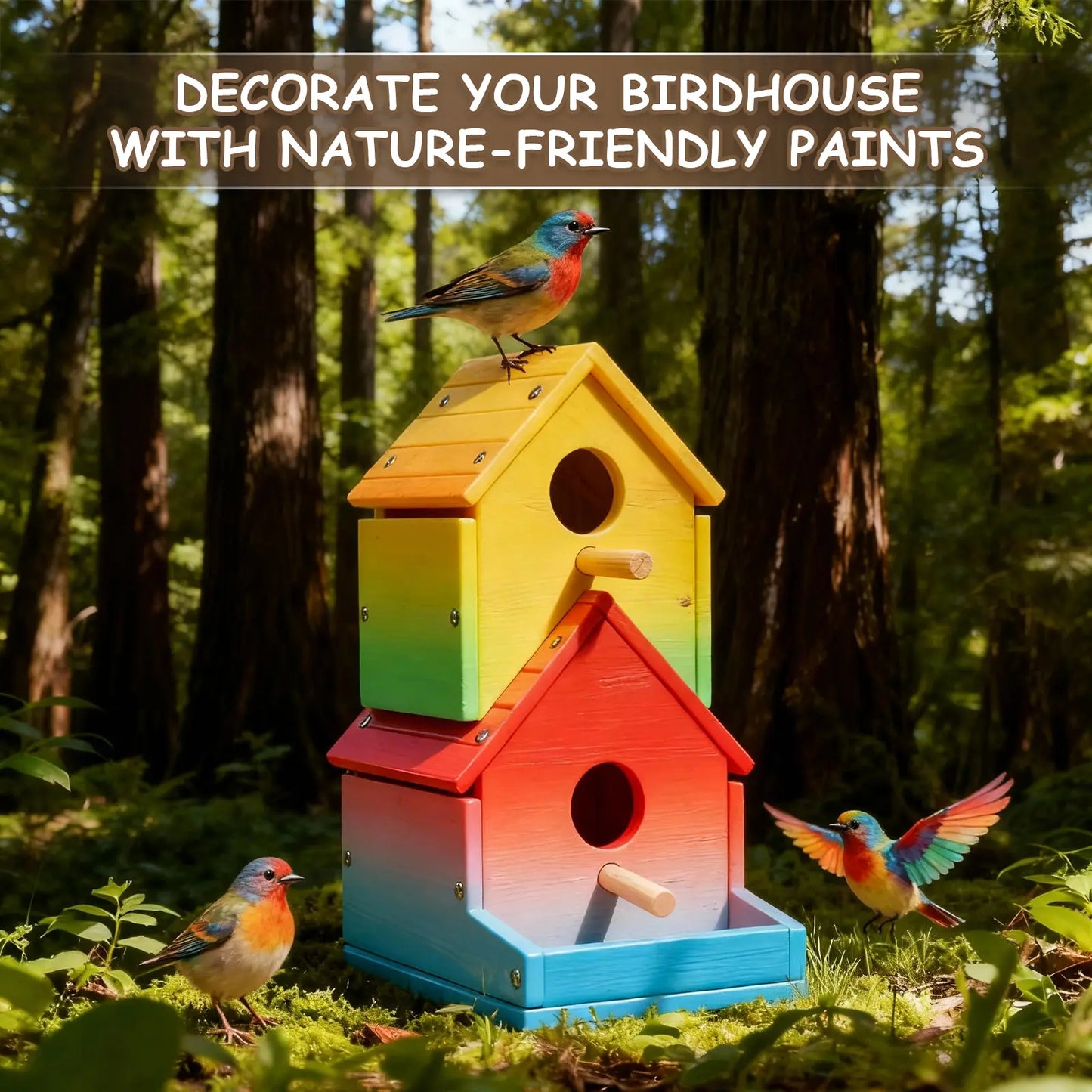 Wooden Bird House 2-Story with Brushes and Paint