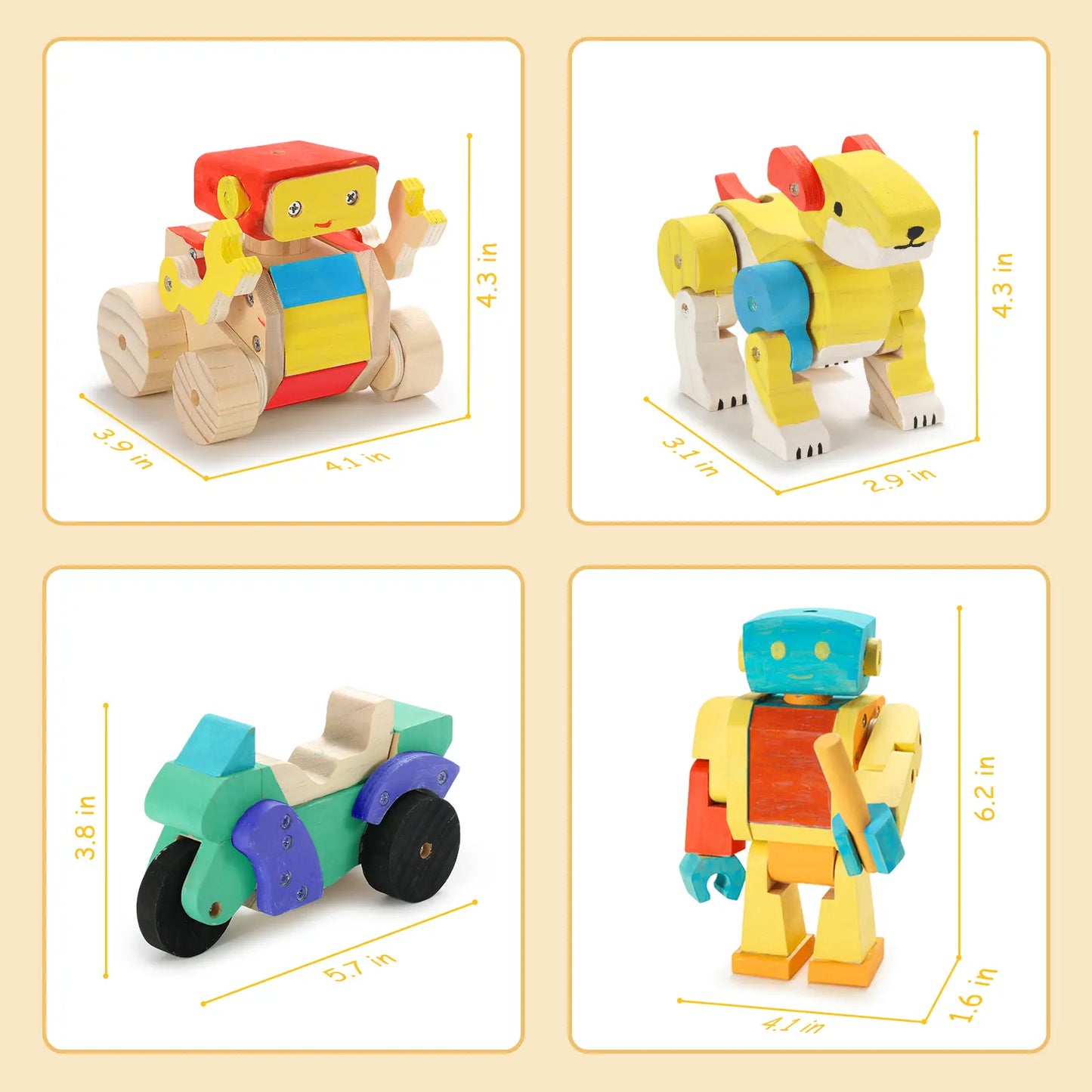Set of colorful toy figures in different forms with measurements on a beige background