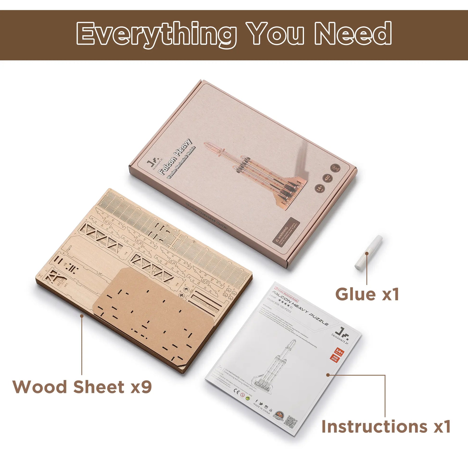 Wooden puzzle kit with packaging, wood sheet, glue, and instructions