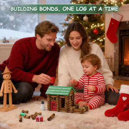 Family playing with wooden logs to build a log cabin in a festive setting.