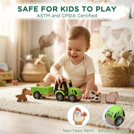 Baby playing with wooden toy car in a room with 'Safe for Kids to Play'