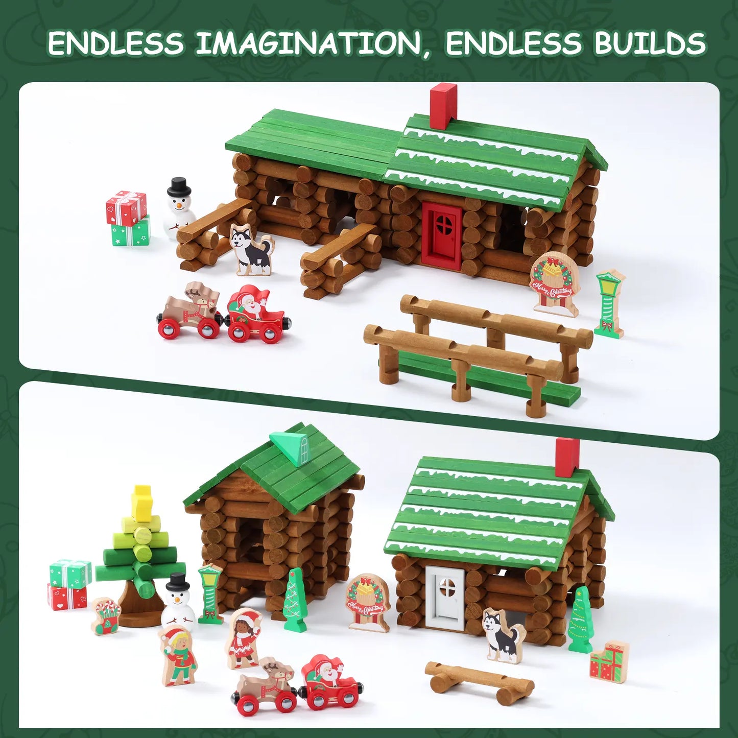 Toy log cabin set with various accessories on a white background