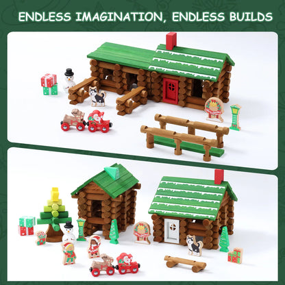 Toy log cabin set with various accessories on a white background
