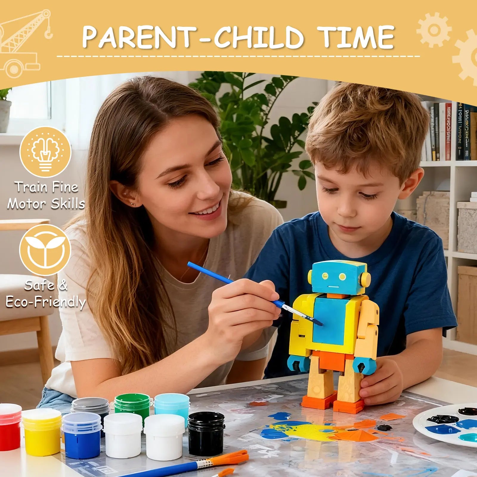 Woman and child painting a colorful robot toy together, with text about parent-child time and product features.