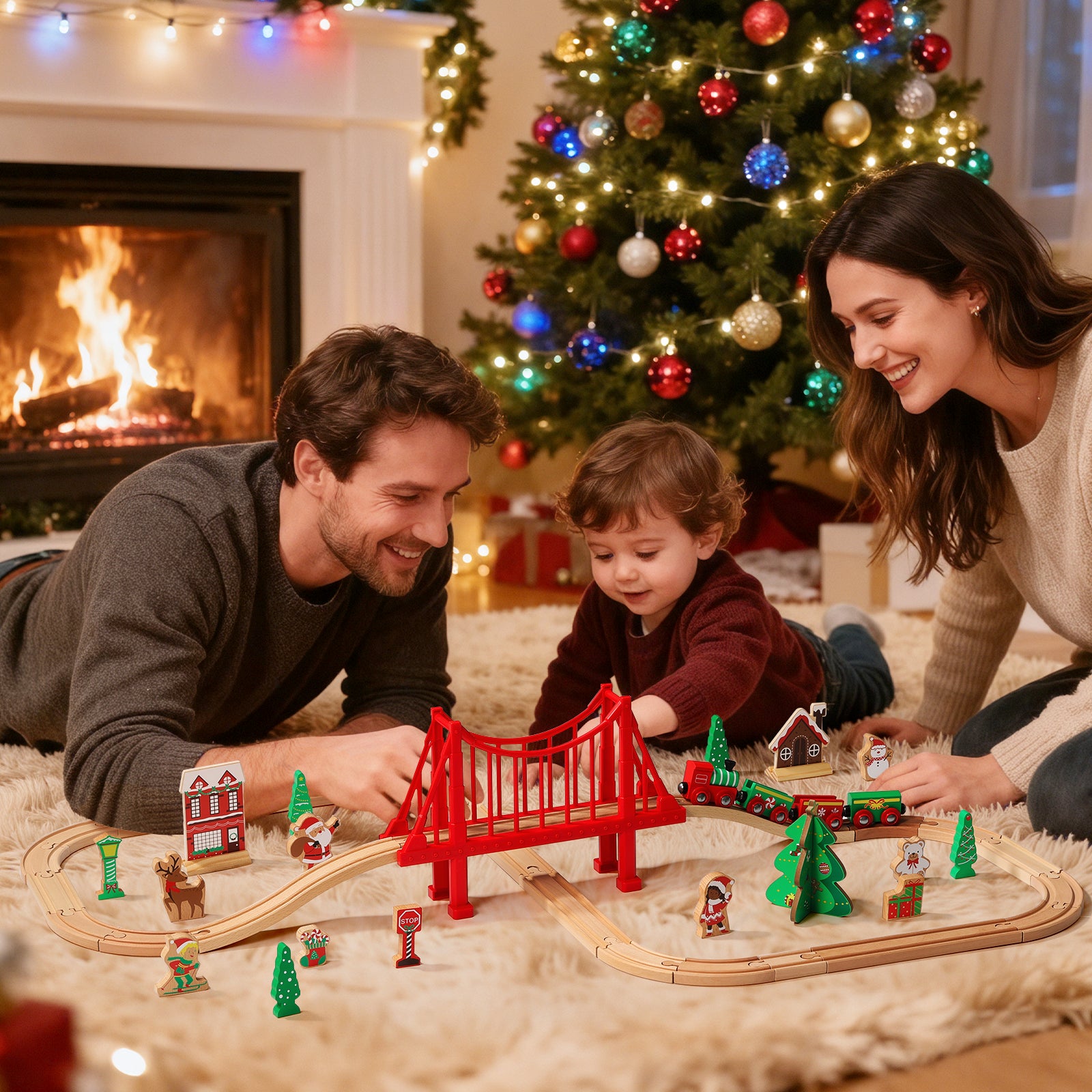 Family playing with a toy train set in front of a Christmas tree and fireplace.