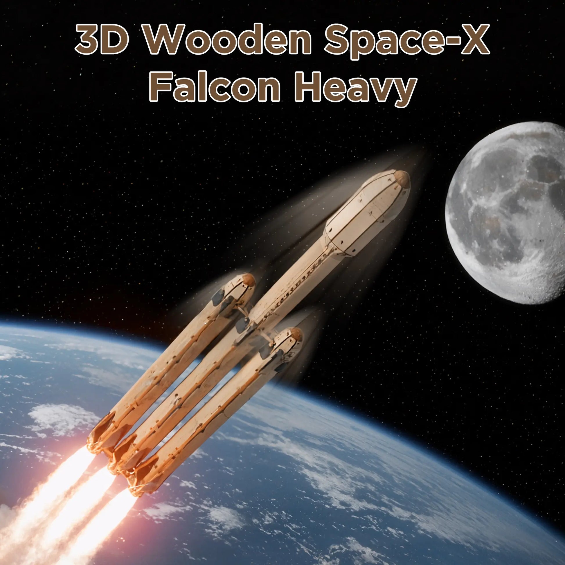 3D wooden model of SpaceX Falcon Heavy rocket with Earth and moon