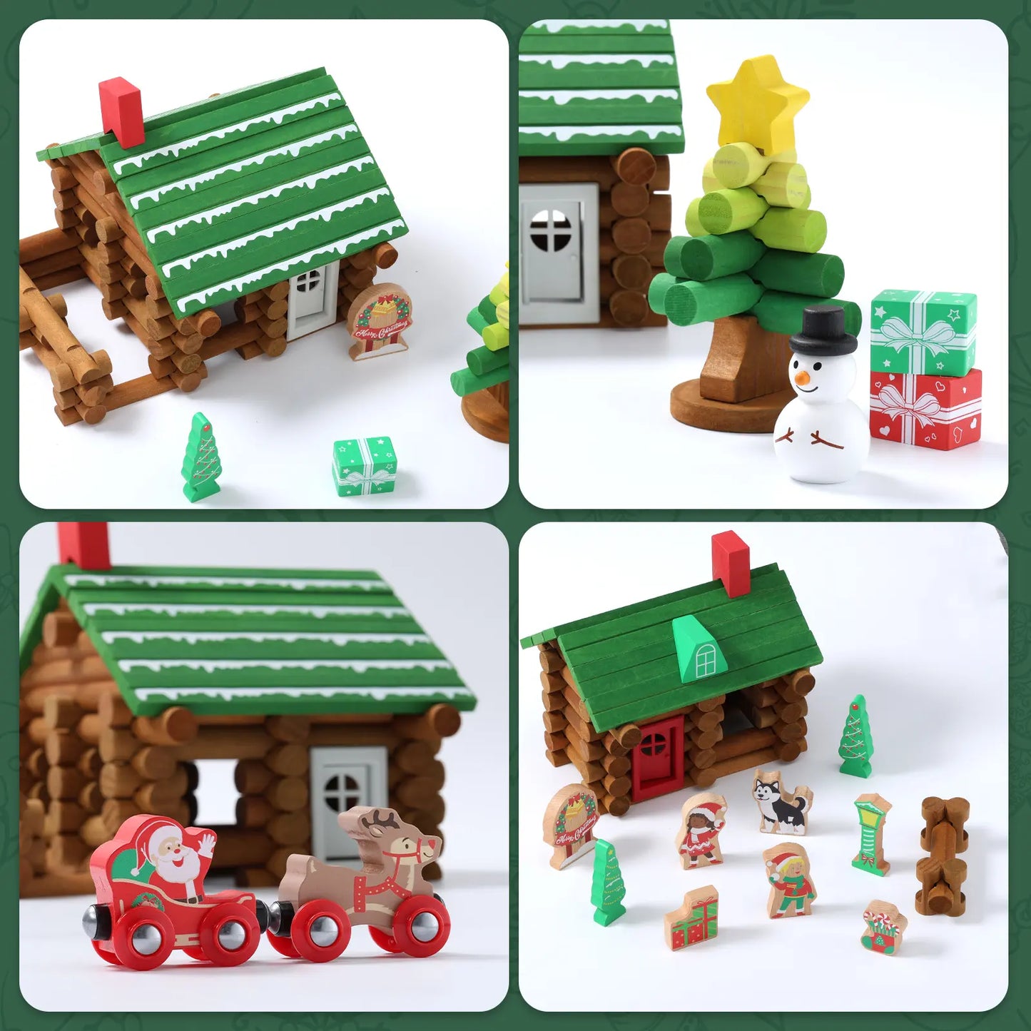 Collage of wooden toy houses, trees, and figures on a white background with green accents.