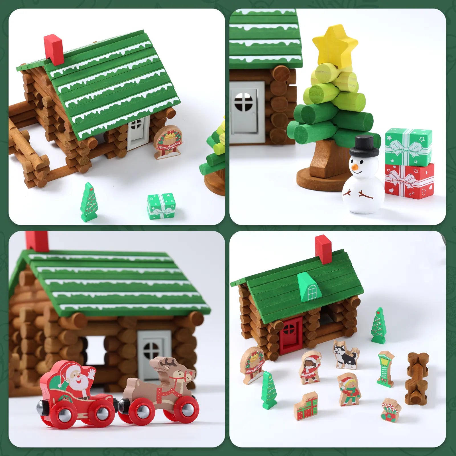 Collage of wooden toy houses, trees, and figures on a white background with green accents.