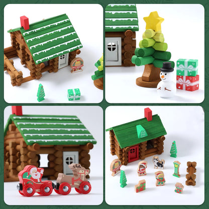 Collage of wooden toy houses, trees, and figures on a white background with green accents.