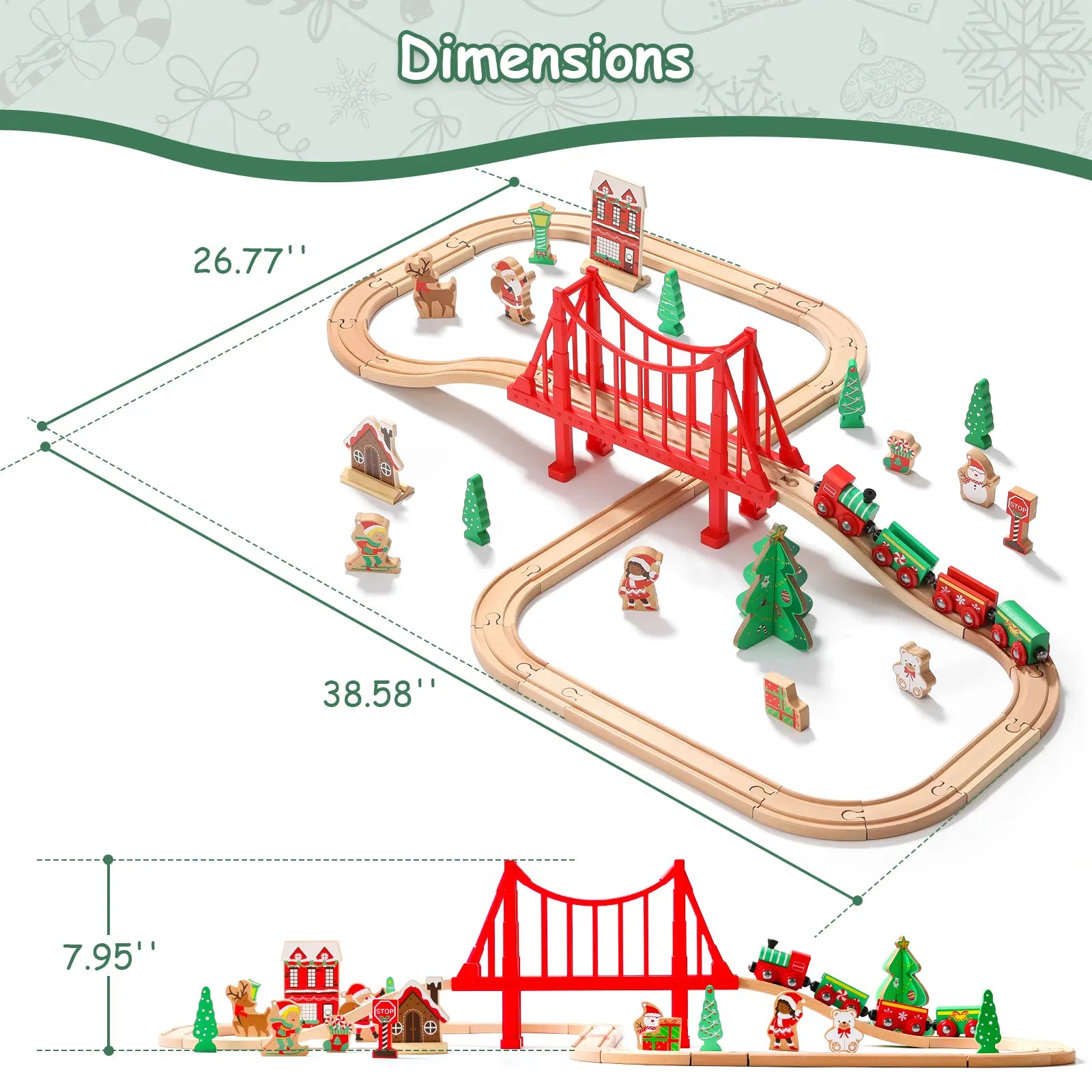Toy train set with a red bridge, tracks, and small buildings with measurements displayed.
