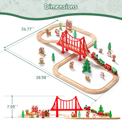 Toy train set with a red bridge, tracks, and small buildings with measurements displayed.