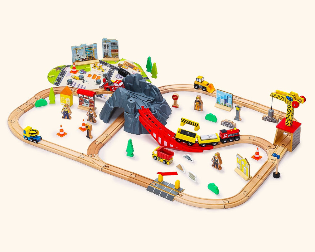 Toy train set with various elements