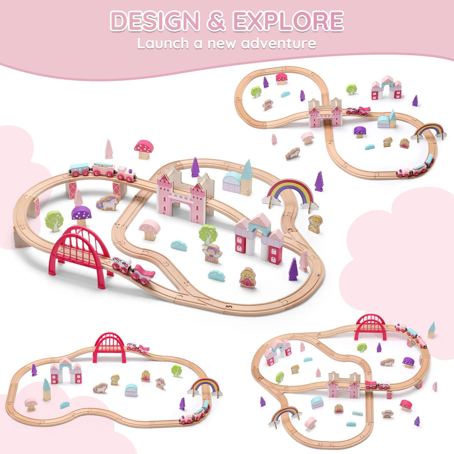 Wooden Pink Train Set with Unicorn