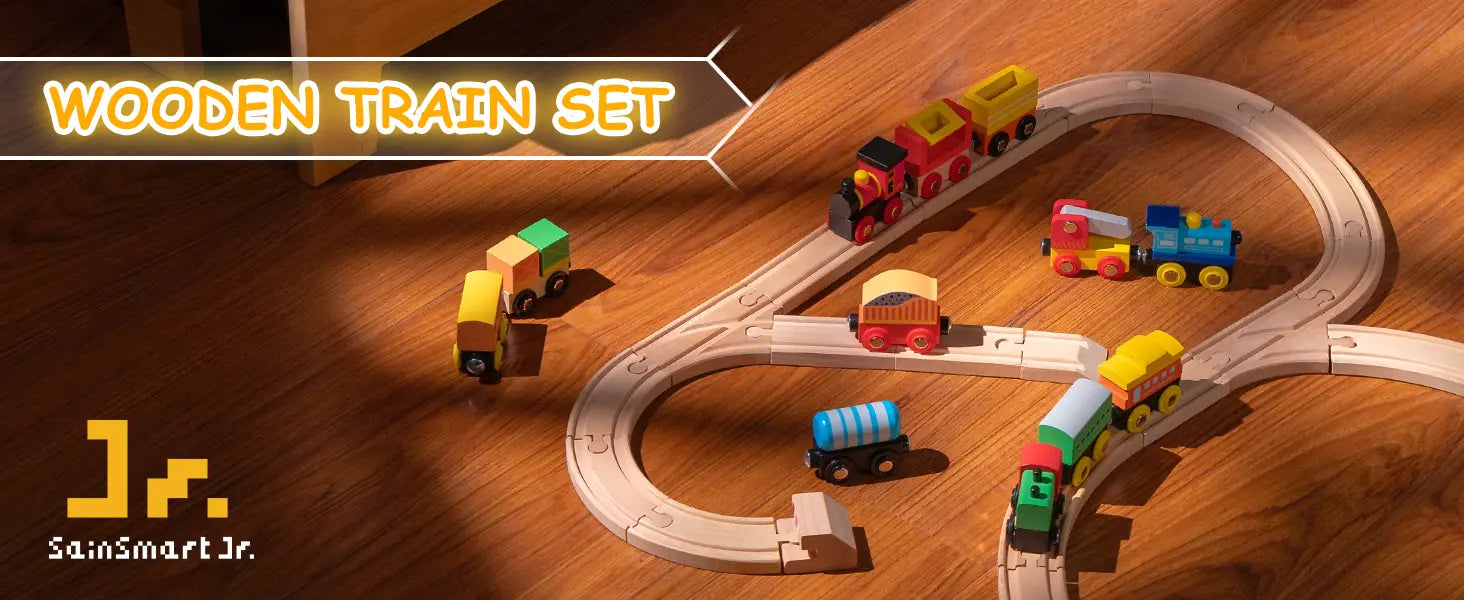Wooden train set with colorful trains on a track, featuring SainSmart Jr. branding.