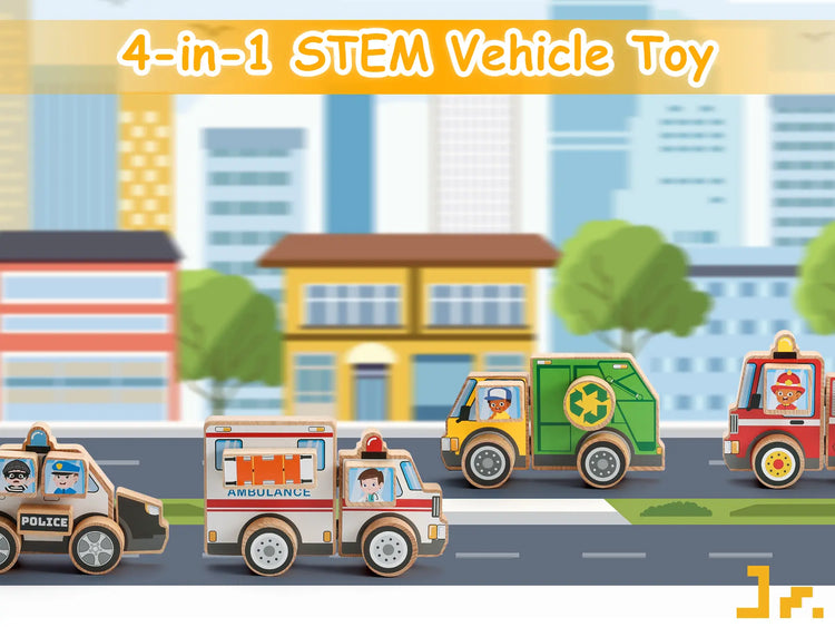 Four toy vehicles including a police car, ambulance, garbage truck, and fire truck on a city street with buildings and trees in the background.