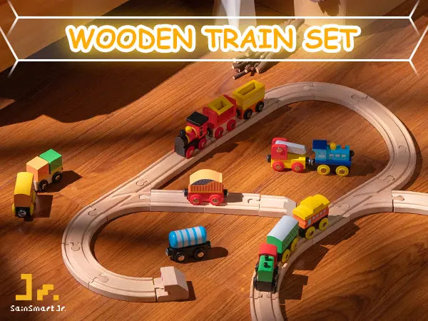 Wooden train set with colorful trains on a wooden track, featuring the brand 'Sainsmart Jr.'