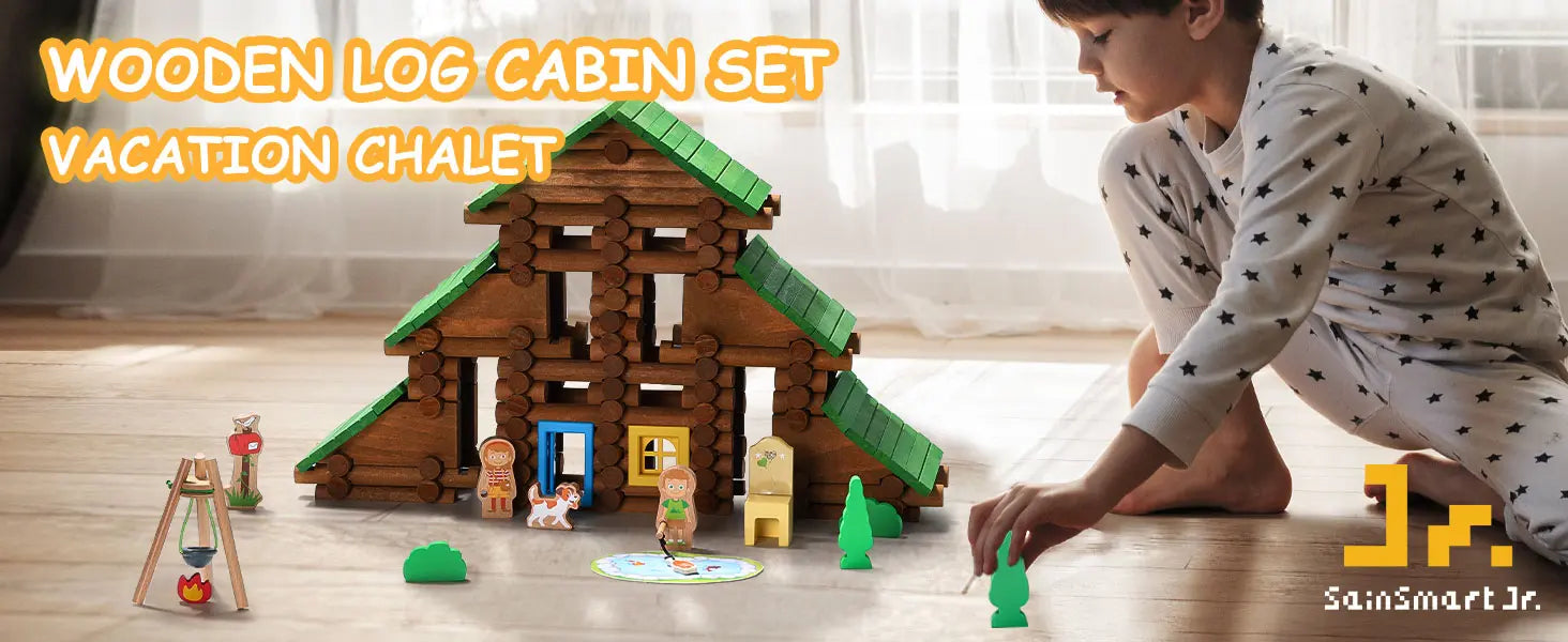 Child playing with a wooden log cabin toy set on a wooden floor.