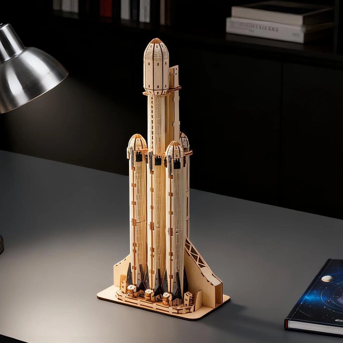 Wooden model of a rocket on a table