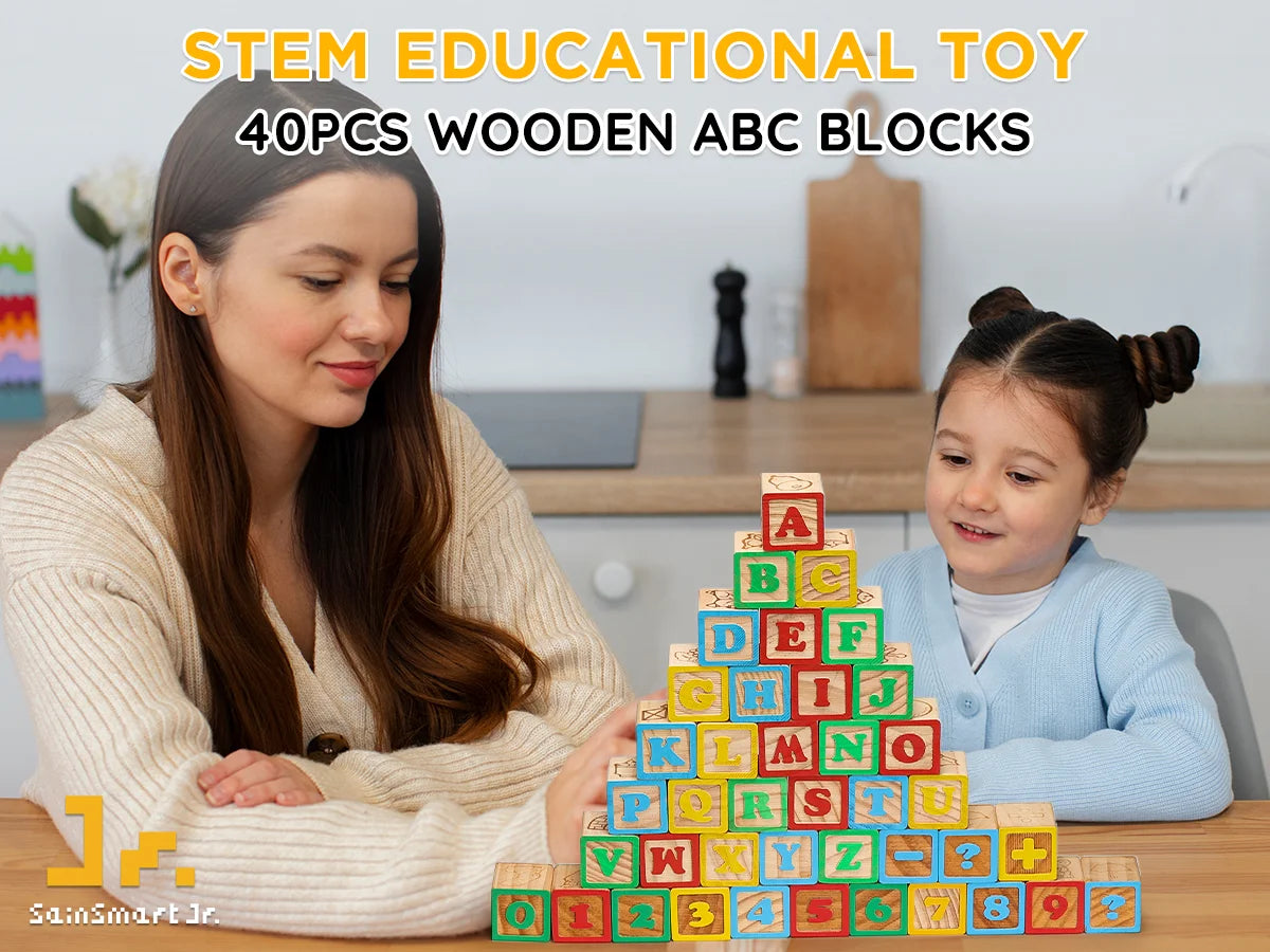 Woman and child playing with colorful wooden  blocks
