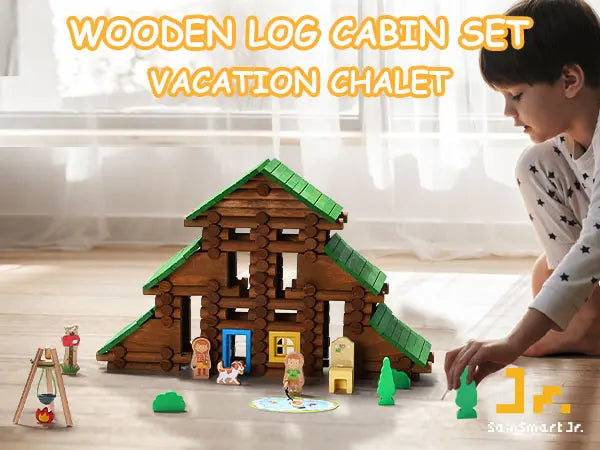 Child playing with a wooden log cabin toy set on a light-colored floor.