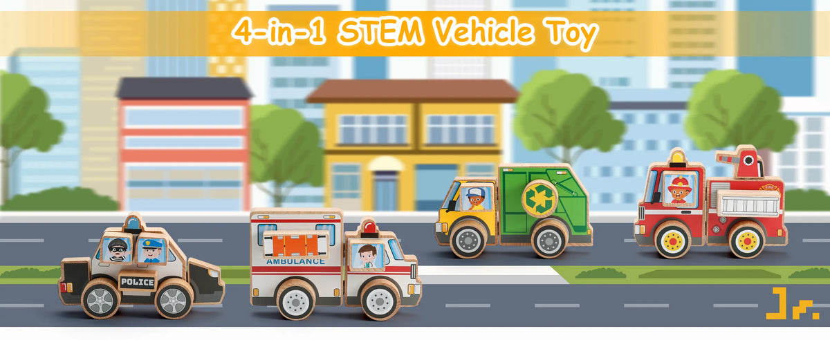 Set of four toy vehicles including a police car, ambulance, garbage truck, and fire truck on a road with buildings and trees in the background.