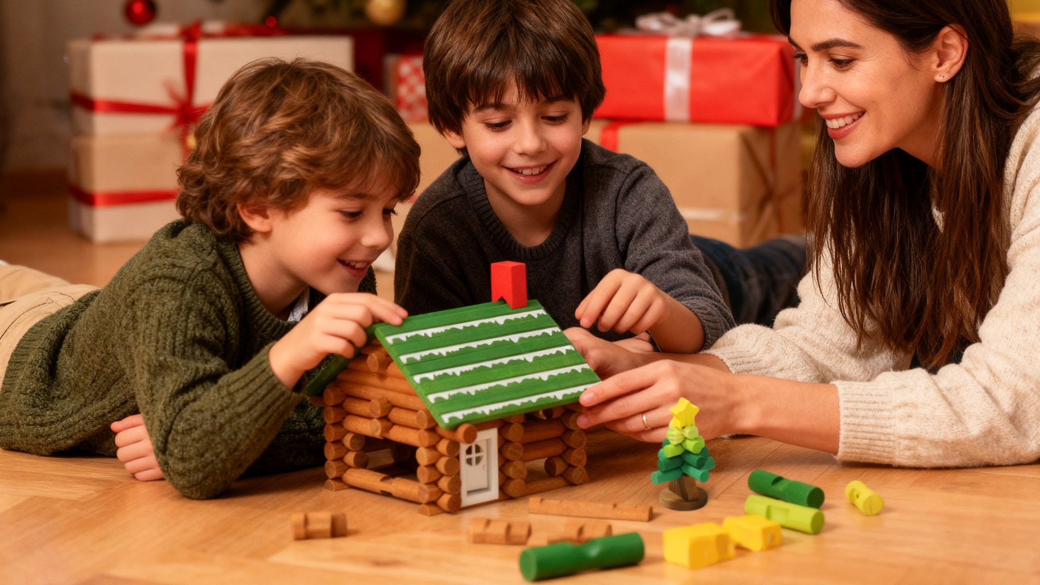 Family playing with toy house and figurines on a wooden floor.