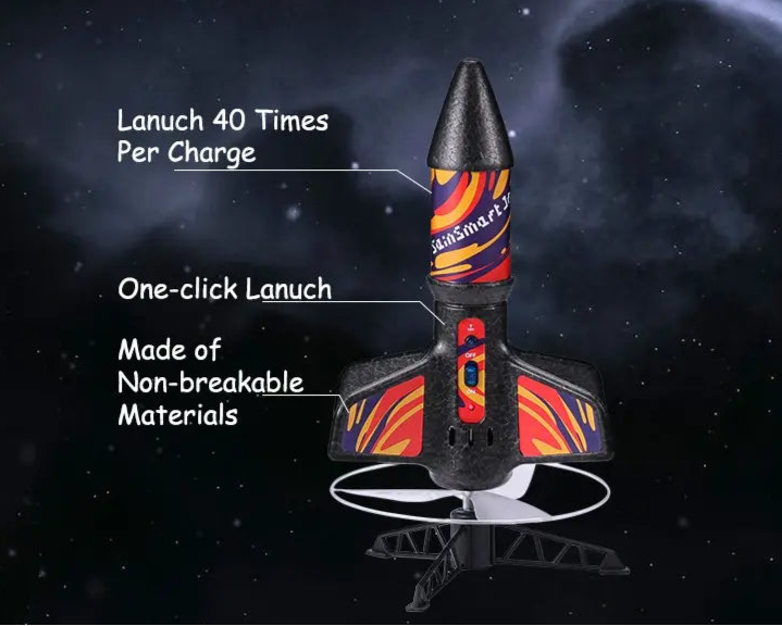 Rocket model with features labeled against a space-themed background