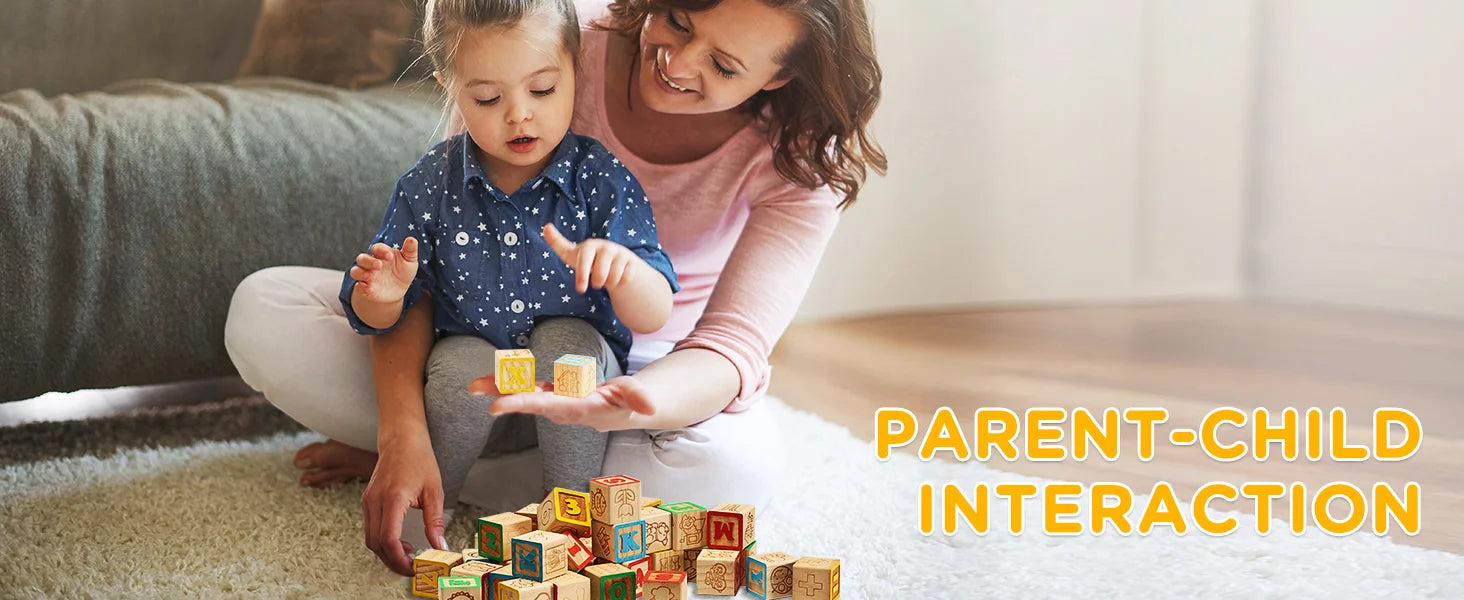 Mother and daughter playing with colorful wooden blocks