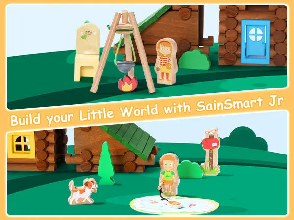 Toy set with wooden house, ladder, and figures on a green landscape with text 'Build your Little World with SainSmart Jr'.