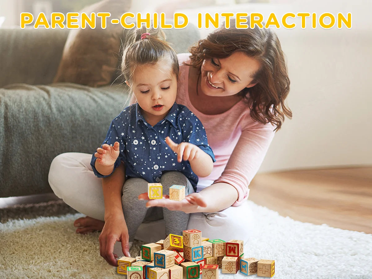 Mother and daughter playing with colorful wooden blocks